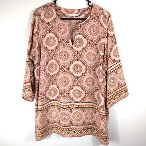 Violet + Claire 1X Boho Medallion Print Blouse Pink 3/4 Sleeve Plus Size Top